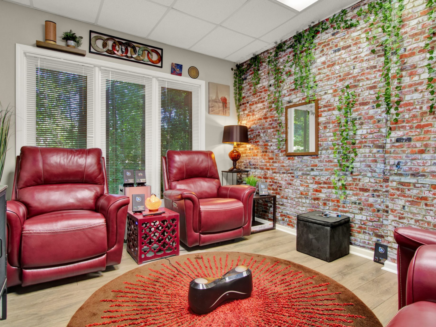 Red leather chairs in cozy living room